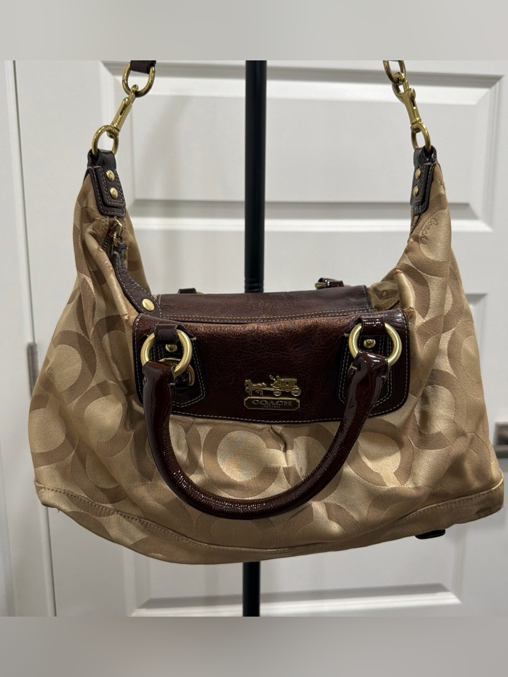 Coach Signature Satchel Top Handle Bag Beige/Brown Zip Detachable Strap Gold